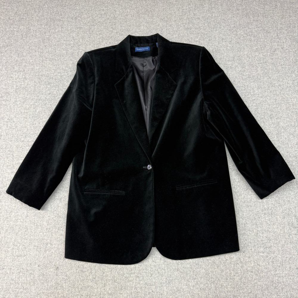 Karen Scott Blazer Size 16 Black 100% Cotton Velvet Single Button Lined Jacket